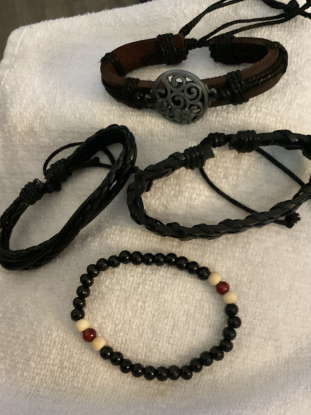 Men's Black Beaded and Faux Leather Bracelet Set - Casual Stack